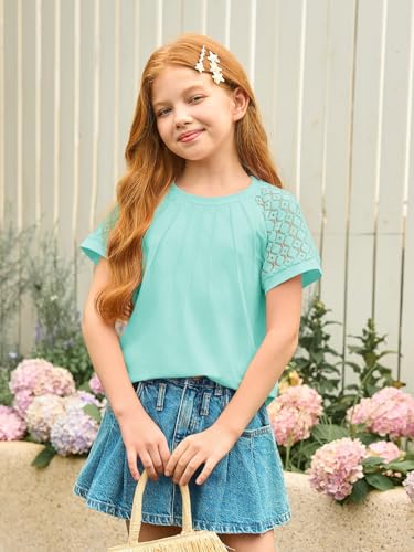 Image of Girls Pleated T Shirts Kids Fashion Lace Sleeve Summer Tops 5-14 Years | Casual Crewneck Blouse,Fashion Clothes