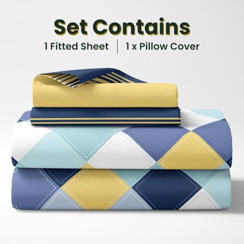 Image of LORETO - A QUALITY LINEN BRAND 144 TC 100% Pure Cotton Single Fitted Bedsheet with 1 Pillow Cover for 72 x 36 Inch Mattress, All-Around Elastic, 8 Inch Deep Pocket, Vivid Blue and Yellow Checkered