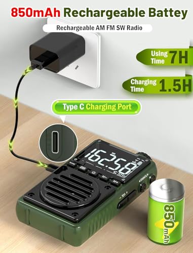 Rádio digital AM FM com lanterna, rádio de bolso portátil recarregável de 850 mAh com melhor recepçã
