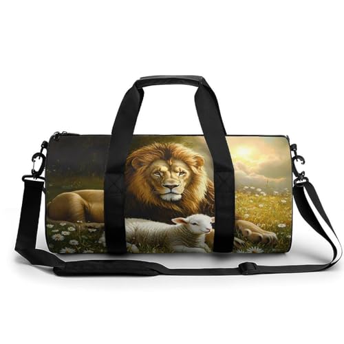 Liones And Sheep Sports Gym Bag Travel Duffel Workout Bag with Adjustable Strap