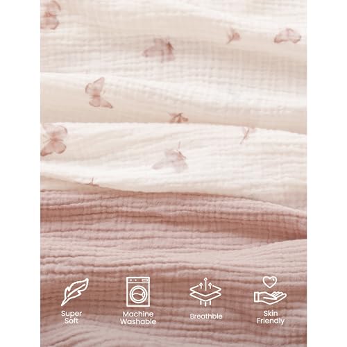 Image of Konssy Muslin Mini Crib Sheets, 100% Soft Cotton Pack and Play Sheets for Pack N Play Mattress, Playard Baby Crib Sheets for Baby Girls(Taupe,Butterfly Dreams)