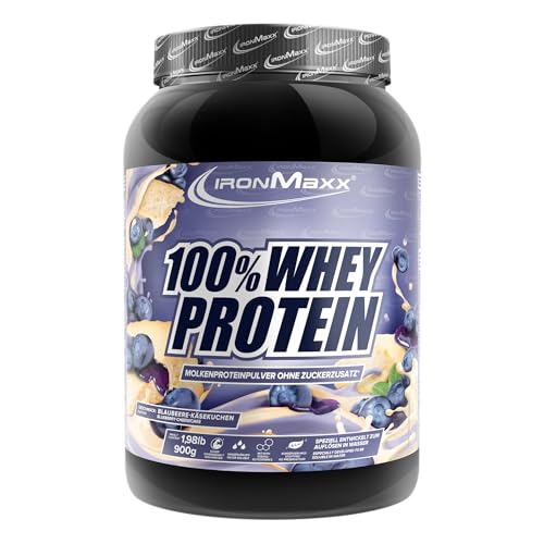 IronMaxx 100% Whey Protein Pulver 900g - Blueberry Cheesecake | Cremiger Eiweißshake mit BCAAs & EAAs | High Protein, Low Carb & zuckerarm | Ideal für Muskelaufbau & Fitness Design kann variieren