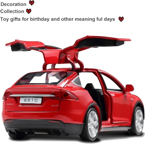 Image of 1:32 Tesla Model X Toy Car with Pull-Back Action Lights, Sound and openable Doors.Durable diecast Model for Kids Aged 3-12 offering Hours of Fun and Realistic Play (Red)