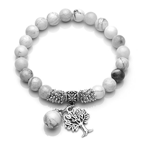 Jovivi 8mm-Bracelet en Pierre Howlite Turquoise Blanche Naturelle Chakra Perles d'Energie Pierre Précieuse Extensible Elastique Tibétain Bouddhiste avec Pendentif Arbre de la Vie