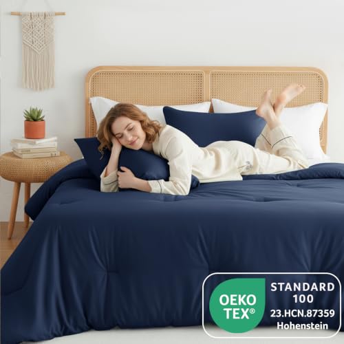Image of HIMEET King Size Comforter Set, 3 Pieces with 2 Pillowcases, Navy Blue | 270GSM Down Alternative Fill, Oeko-TEX Certified, 8 Corner Ties Quilted, All Season, Fluffy Bed Set, Bedroom Decor Bedding