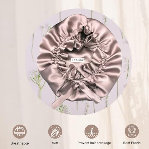 Image of Atrube's Silk Satin Hair Bonnet Reversible with Adjustable Tie Band Wrap Satin Wrap with Hair Scalp Massager Shampoo Brush and 3 Scrunchies (Beige)