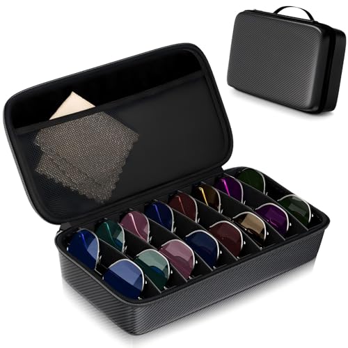 Vecxoty Black Travel Sunglasses Organizer For 8 Pairs EVA Hard ShellSunglass Case with Soft Lining & Adjustable Slot for Secure Multiple Sunglasses Storage Portable Eyeglass Case for Men Women