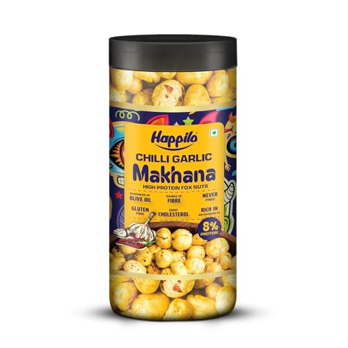 Image of Happilo Premium Makhana Chilli Garlic Jar 80g | Roasted Foxnuts, Phool Makhana | Healthy Snacks | Low Calorie, Vegan, Spicy & Tasty
