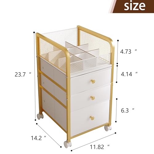 Image of Rolling Makeup Organizer Cart with 3 Drawers, Under Desk Vanity Makeup Storage Cart, Bathroom Storage Cart Cosmetic Display Cases Cabinet for Nail Polish, Brushes & Hair Tools, Gold