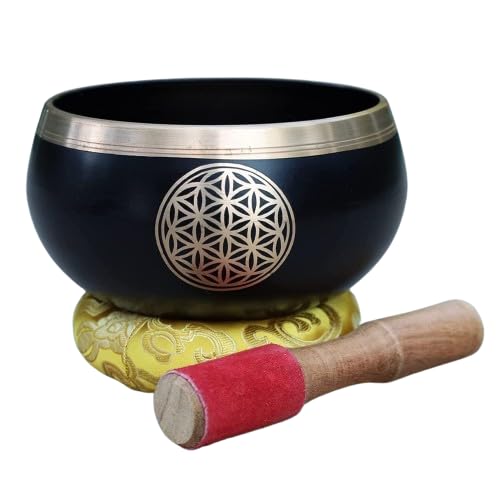 Image of The Healing Store 4 inch Singing Bowl Tibetan Buddhist Prayer Instrument With Striker Stick | OM Bell | OM Bowl | Meditation Bowl | Music Therapy (black flower)