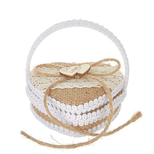 URFEDA Boîte à Bagues de Mariage Boîte à Bagues Rustique en Toile de Jute et Garnie de Dentelle Mini Panier de Fleurs Porte-bagues avec Ooignée pour Cérémonie, Fiançailles et Demande en Mariage, #7