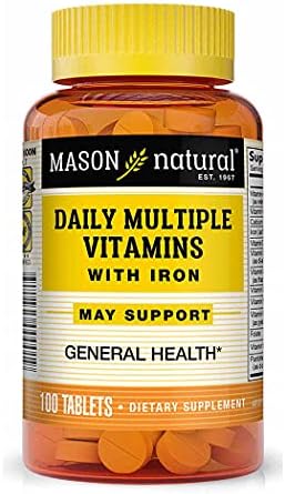 MASON NATURAL Daily Multiple Vitamins with Iron, Vitamins A, C, D, E, B1, B2, B3, B6, B12, Folate and Calcium for Overall Health, 100 Tablets