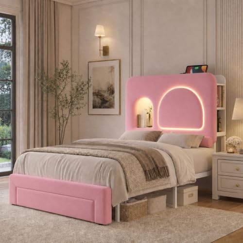 Image of Twin Bed Frame for Girls with Storage Headboard & Charging Station, Pink