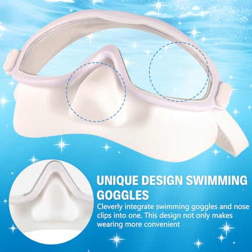 Image of PROBEROS Premium Swimming Goggles for Men & Women, 2-in-1 Wide View Goggles UV Protection & Anti-Glare Lenses with Anti-Choke Nose Cover & Earplugs, Adjustable No Pressure Swim Goggles, White