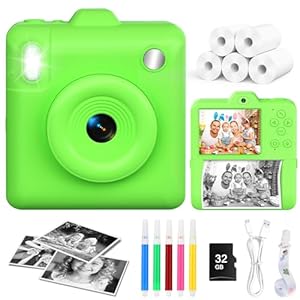 Kids Camera for Instant Print Selfies - 2.4''1080P HD Digital Camera with 32GB Card & 5 Rolls Photo Paper, Christmas Birthday Toys Gifts for 3-12 Years Old Boys Girls - Green