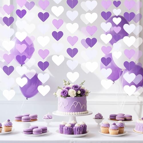 Image of Purple Party Decorations Heart Garland, 39Ft Purple Lavender White Streamers Birthday Banner Anniversary Engagement Wedding Baby Bridal Shower Bachelorette Lilac Theme Party Decor Supplies
