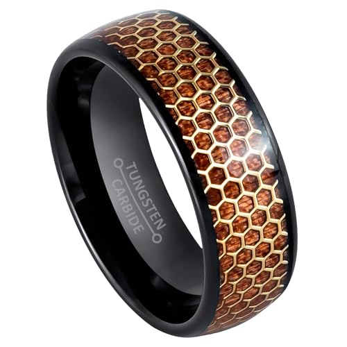 Dome Black IP 8mm Rosewood Inlay and Honeycomb Cut-out Wedding Band Comfort Fit - Mens Tungsten Carbide Ring - #966s7