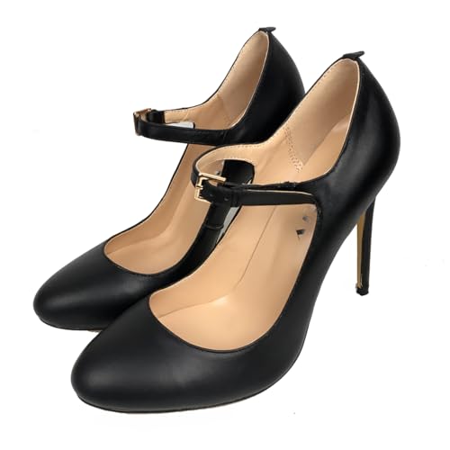 Elegant Women's Round Toe High Heel Pumps with Straps Mary Jane Stiletto Heels Ladies Work Shoes for Office Black3
