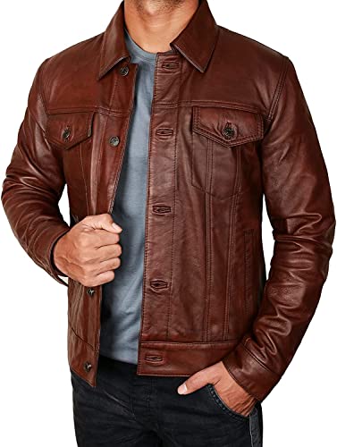 Vintage Real Lambskin Leather Trucker Jacket Men - Black & Brown Genuine Leather Western Style Cowboy Coat2