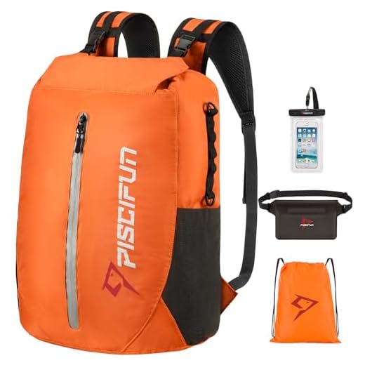 Piscifun LT Dry Bag Waterproof, Floating Dry Backpack, Lightweight Waterproof Dry Bag With Waist Pouch And Phone Case For Kayaking, Camping, Beach, Boating & Swimming For Men & Women Orange 20L
