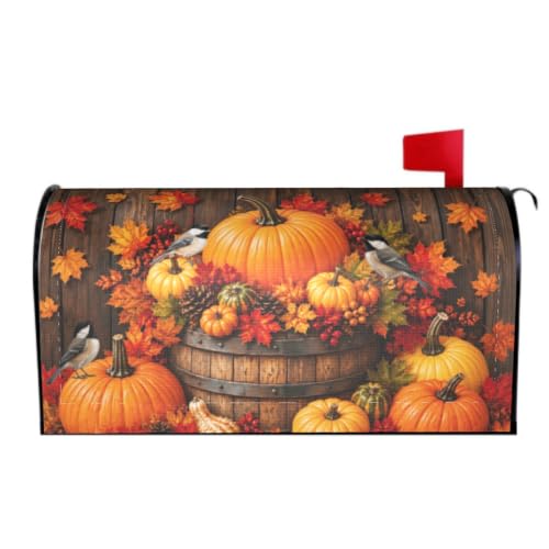 Image of Autumn Magnetic Mailbox Cover Farmhouse Fall Pumpkin Birds Maple Leaf Rustic Thanksgiving Mailbox Wrap Post Cover Standard Size 21x18Inch for Garden Yard Outdoor Seasonal Decor