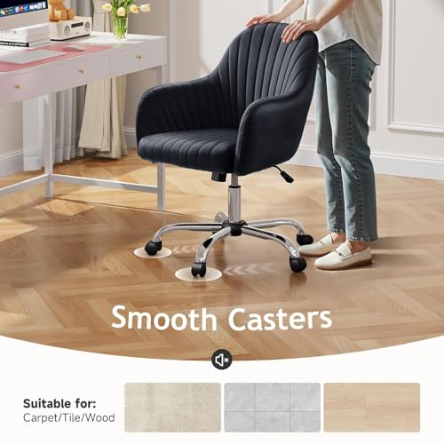 Image of AZAKEE Velvet Office Chair with Wheels & Armrests - Mid-Back Swivel Desk Chair for Home Office, Study, Bedroom & Vanity - Adjustable Height, Comfortable & Stylish (Black)