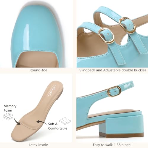 Image of Mostrin Mary Jane Shoes Women Slingback Chunky Low Heels for Women Closed Rounded Toe Ankle Strap Pumps Daily Wedding Party Dress Shoes