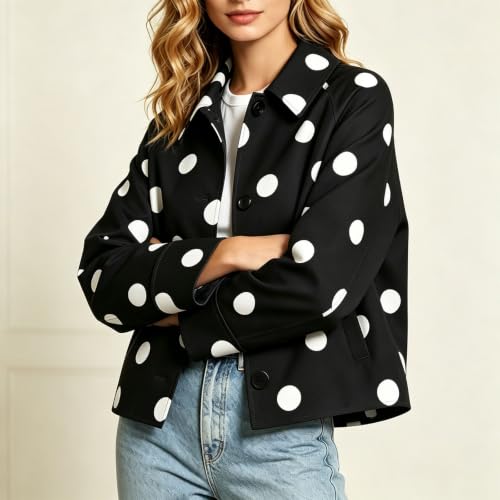 Cropped Jacket Women Polka Dot Collared Button Front Casual Fall Outerwear - image 6