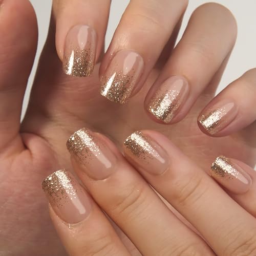 Image of Curvlife Press on Nails Acrylic Fake Nails with 30pcs Fluid Gold Short Square Design Full Cover False Nails for Women Reusable Nail Kit with Nail Glue Adhesive Tabs