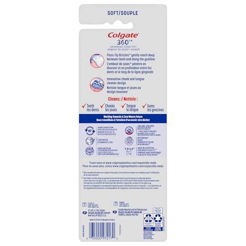 Colgate 360 Advanced Floss Tip Soft Bristle Toothbrush, 17x Thinner Bristles for Deep Reach Between Teeth, Ergonomic Handle with Soft Bristles and Tongue Cleaner, 4 Pack by Colgate - Image 8