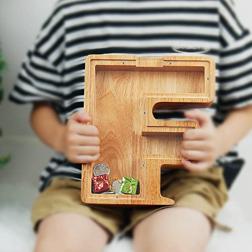 Image of Piggy Bank for Kids Boys Girls, Large Personalized Wooden Letter Piggy Bank with Cut-Out Design, Alphabet Letter Coin Banks, Money Savings Box, Wooden Bank for Kids Creative Gift for Real-Money(F)