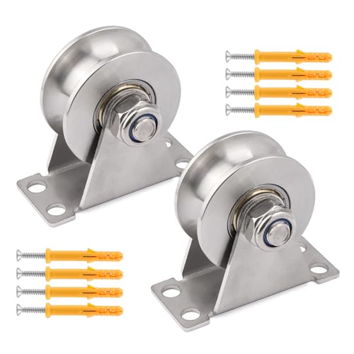 2PCS Groove Wheel Pulley, 304 Stainless Steel Pulley Blocks, Wall Mount Cable Pulley Wheel Duplex Bearings, Screws for DIY Gym Equipment Sliding Rolling Gate, Loading 850 lbs (48mm)