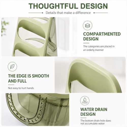 Image of KitchAntique Kitchen Utensil Holder with Drain Tray & Dustproof Cover | 3 Compartment Cutlery Organizer | Self Draining Countertop Storage Rack for Spoons Forks Chopsticks Kitchen Accessories (Green)