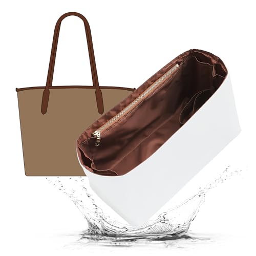 Doxo Purse Organizer Insert for Coach City Tote 33 Lightweight Tote Bag Organizer with keychain 9 Pockets Bag insert with Cup Holder Zippered Section Handbag Organizer Storage Divider (White Brown)