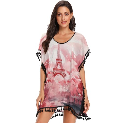 Pink Tower Art Women's Beach Cover Up Chiffon Tassel Swimwear Swimsuit Coverups for Girl
