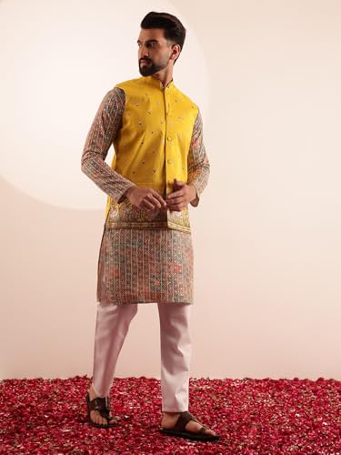 Image of SOJANYA Men's Cotton Silk Multi color Kurta & White Pyjama With Daman Embroidered Jacket