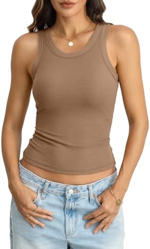 Womens Built in Bra Tank Tops Cotton Ribbed Crew Neck Vest Basic ...