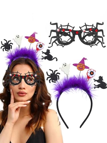 Sakytal Halloween Headband Black Pumpkin Hair Hoop Spider Feather Headwear Hair Accessory with Glasses for Halloween Festival Party