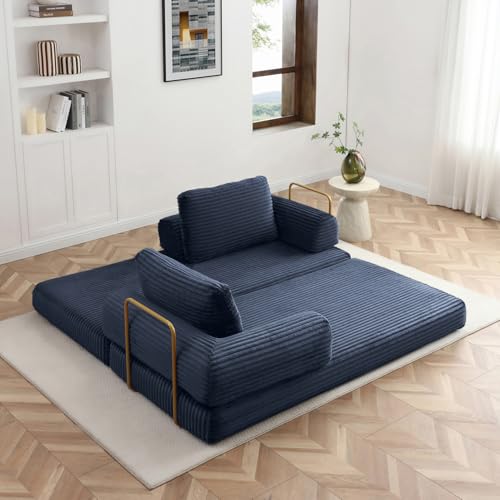 Image of HANXIN 80'' Convertible Sleeper Sofa Bed, High Back Plush Corduroy Folding Floor Mattress Couch with Fixed-Shape Frame, Boneless Futon Loveseat with Pull Out Bed, No Assembly Required (Blue)