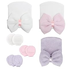 3 Pack Mitten & Hat: White & Pink Bow & Purple White
