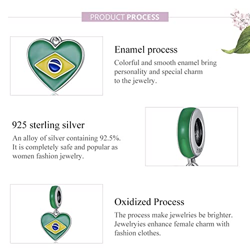 Heart Shaped Brazilian Flag Charm 925 Sterling Silver Charm Fits For Pandora Bracelet, European Charms Bracelet, Women Gift2