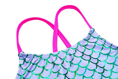 Image of Girls 1 Piece Sport Swimsuits with Cross Back Strap Colorful Fish Scales Print and Two Cute Bow Decorations