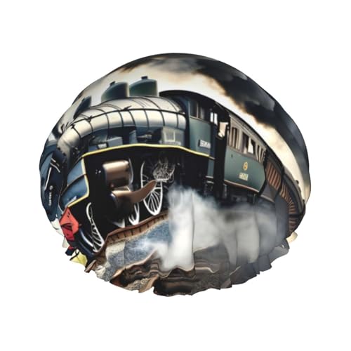 Cuffia da doccia con stampa di nuvole di treno a vapore, cuffia da doccia foderata per le donne riutilizzabile, cuffia da bagno impermeabile a doppio strato