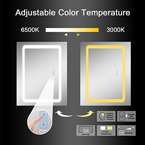 Fundin Lighted Medicine Cabinet With Led Light, Defogger, Dimmer, Outlet And Usb Charger, Recessed Or Surface Mount, Aluminum Material,20W X 25.6H Inch #TOP4
