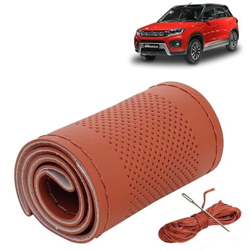 Image of KINGSWAY PU Leatherite Car Steering Cover Sewable Compatible with Maruti Suzuki Vitara Brezza (Year 2020-2022), Tan Color with Tan Thread, Pack of 1 with Sewing Needle and Thread