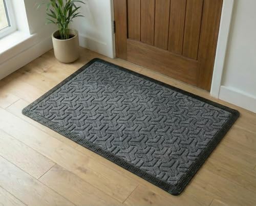 Image of Yellow Weaves Large Size (60x90 cm) Door Mat for Home Entrance, Outdoor Rubber Mat - Non-Slip, Anti Skid Foot Mat, Dirt Trapper, Heavy-Duty, Waterproof Doormat (Triangle Design, Grey Color)