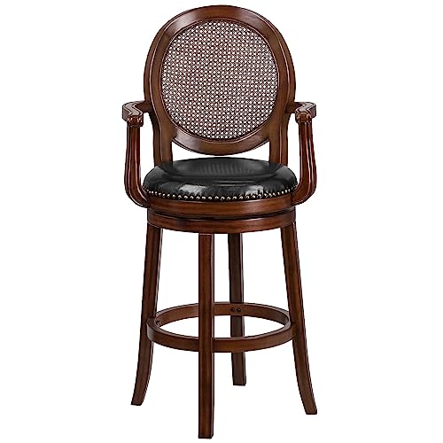 Flash Furniture Victor 30'' High Expresso Wood Barstool With Arms, Woven Rattan Back And Black Leathersoft Swivel Seat #TOP4