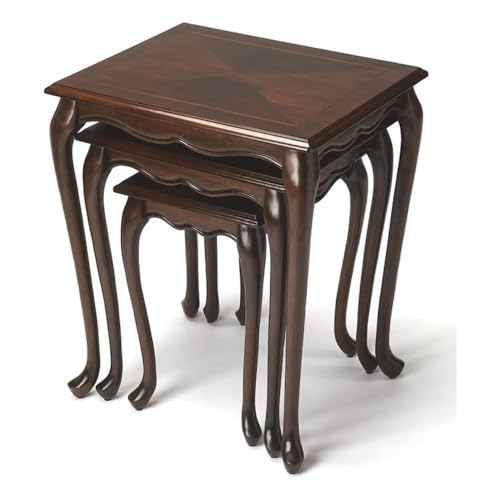 BOWERY HILL Traditional Wood Nesting Tables, Set of 3, Cherry Dark Brown Finish, Hardwood and Veneer Construction, Scalloped Apron, Curved Legs, Distressed Style for Living Room or Home Use