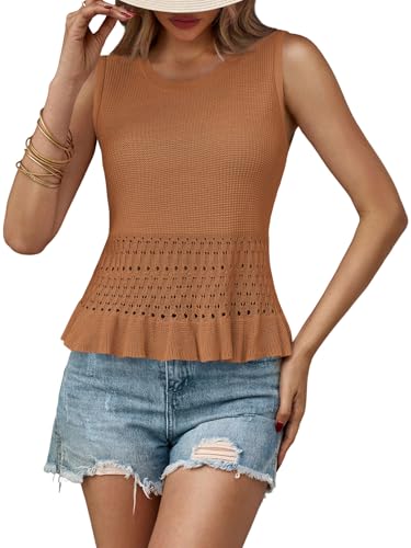 Image of Saodimallsu Womens Crochet Tank Top Sweater Vest | Sleeveless,Crew Neck,Pullover Top, Ruffle,Boho,Knit,Beach Vacation Outfits