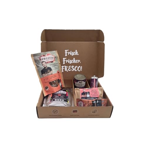 FRESCO Dog Feinschmeckerbox Rind - Geschenkbox für Hunde mit Snacks, Kaustangen und Barf-Menüs - 100% natürlich und getreidefrei - Leckerlis und Hundefutter für alle Rassen (300g, Rindfleisch)